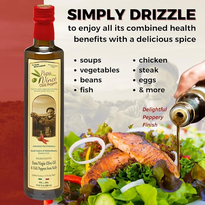 Papa Vince Olive Oil Extra Virgin - First Cold Pressed, Polyphenol Rich Olive Oil (EVOO). Chili