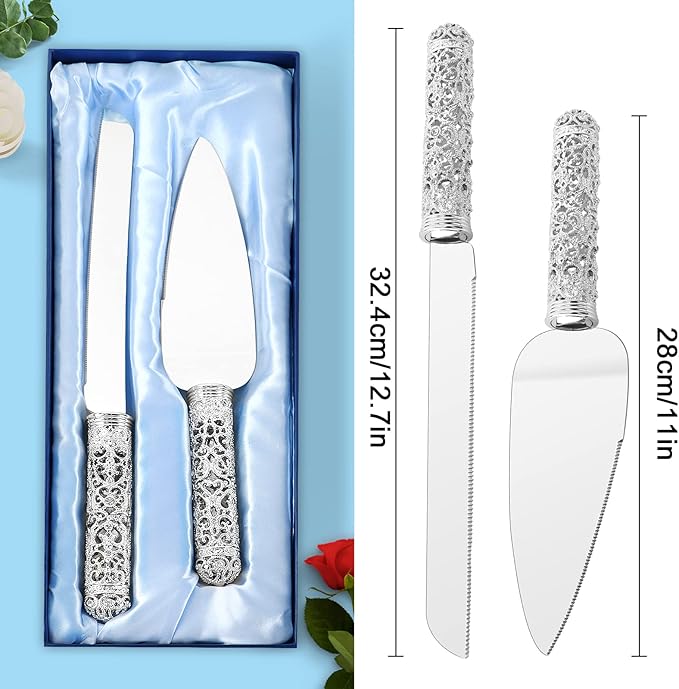 Wedding Silver Cake Knife and Server Set - 2 Pcs Dessert Set Metal Handle with Crystal Stones