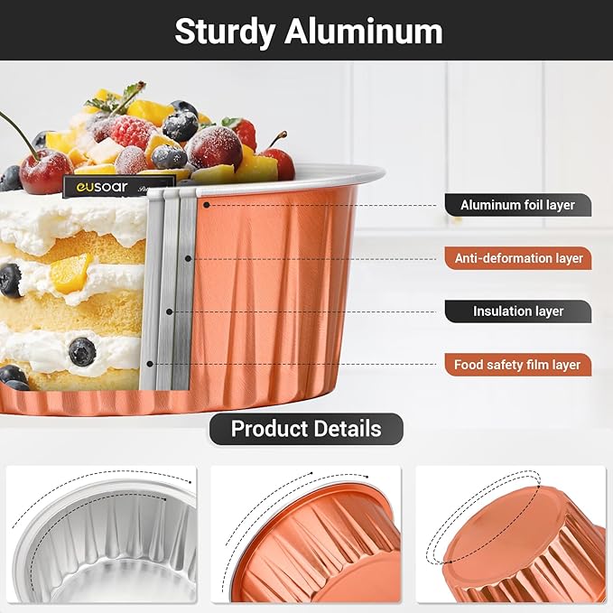 EUSOAR Cupcake Liners for Baking, 60pcs 5oz Foil Ramekins with Lids Dessert Containers, Disposable