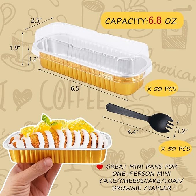 LNYZQUS Disposable Foil Mini Pans with Lids 50 Pack, 6.8oz 6.5"x2.5"x1.2" Aluminum Small Loaf