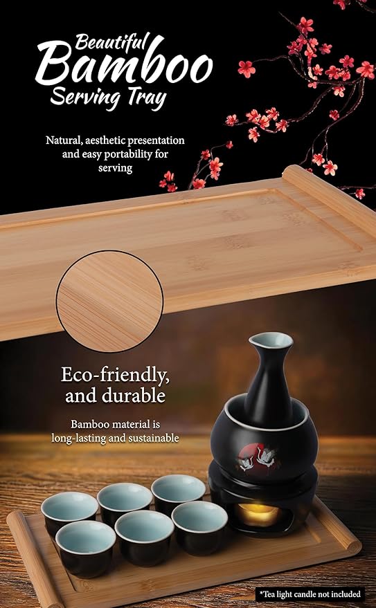 Japanese Sake Cup Set with 6 Ceramic Cups, 1 Ceramic Sake Bottle, 1 Ceramic Sake Warmer, Bamboo