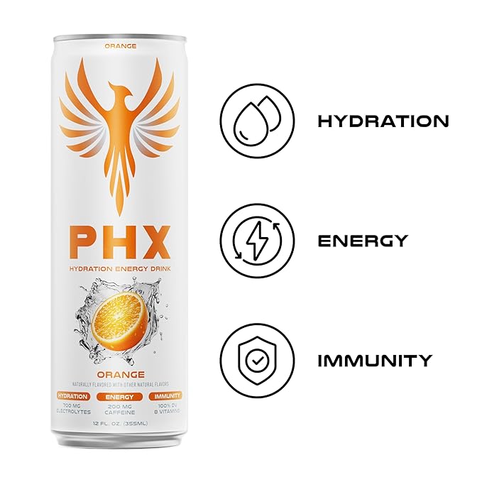 PHX Hydration Energy Drink - 700mg Electrolytes, 200mg Natural Green Tea Caffeine, 100% Daily Value