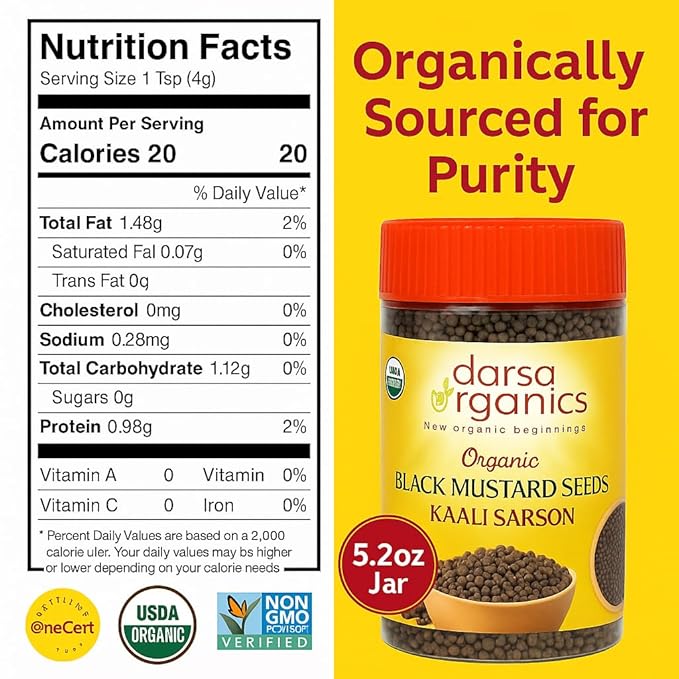 Darsa Organics Black Mustard Seeds 5.3 oz - Premium Quality USDA Organic Certified Black Mustard