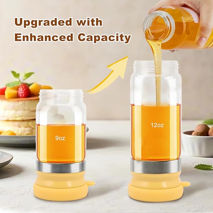 Glass Honey Dispenser No-Drip with Handle – 12 oz Maple Syrup Jar Dispenser for Coffee, Pancakes &