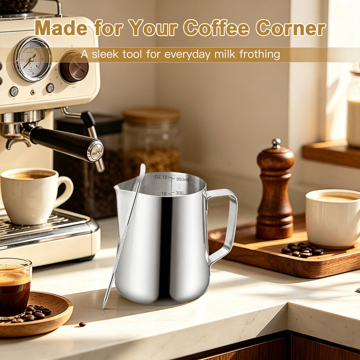 Milk Frothing Pitcher, 12oz Milk Frother Cup with Scale, 304 Stainless Steel Cappuccino Espresso