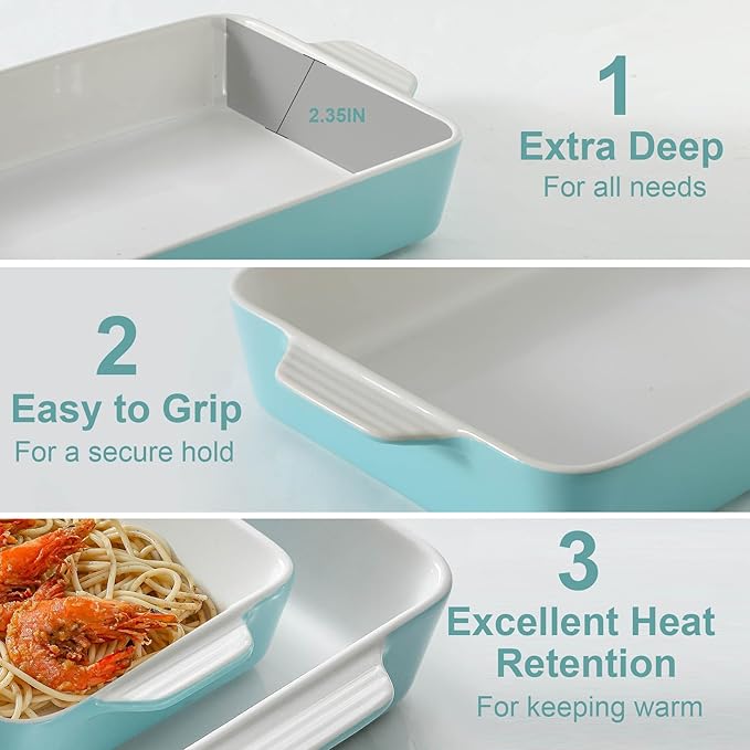 Ceramic Baking Casserole Dish with Handles, Large 9x13 inch Pan and Middle Baking Pan - Porcelain