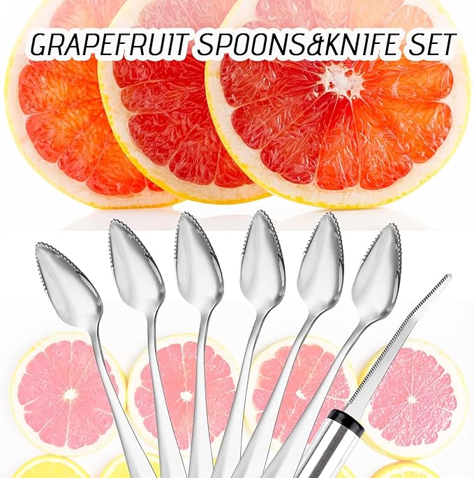 WXJ13 7 PCS Grapefruit Spoons and Grapefruit Knife, Stainless Steel Grapefruit Dessert Spoon