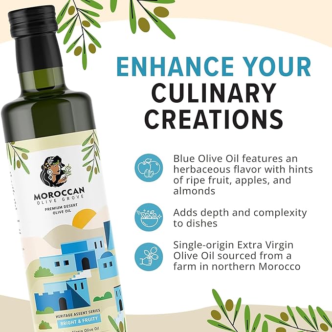 MOROCCAN OLIVE GROVE - The Blue Olive Oil, Bright & Fruity Desert Olive Oil Extra Virgin, Versatile