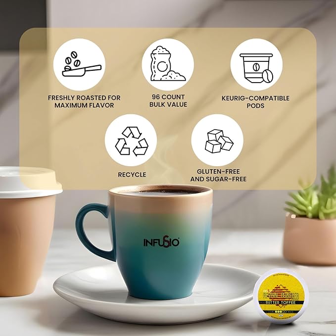 InfuSio Butter Toffee Coffee Pods, Single Serve Coffee Pods for Keurig K Cups Brewers - Premium