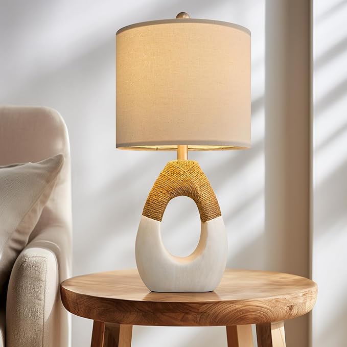 OYEARS Boho Table Lamps Bedroom Living Room Set 2 Small Farmhouse Rattan Table Lamp 19”Rustic Home