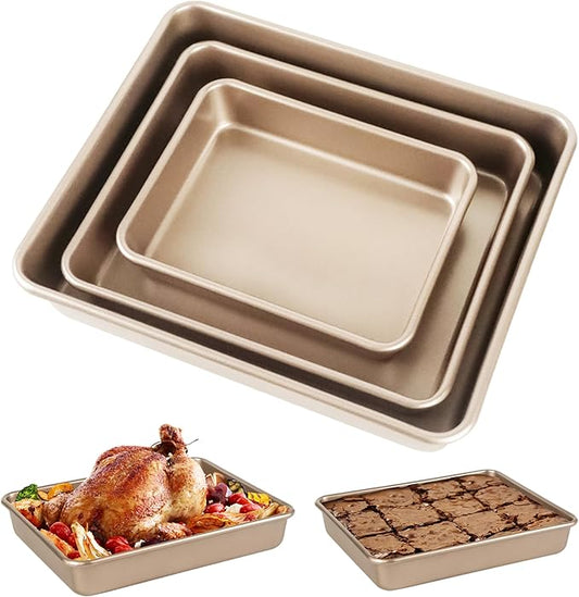 Deep Baking Pans Set, 3-Pieces Rectangle Cake Pan, Nonstick Roasting Pans Set for Thanksgiving