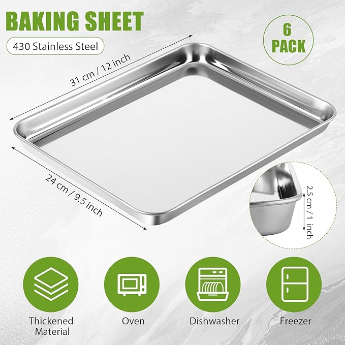 6 Pcs Baking Sheet Set Stainless Steel Cookie Sheet Cookie Baking Pan Bakeware Oven Tray Dishwasher