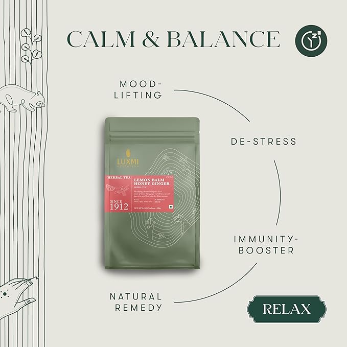 Luxmi Estates Lemon Balm Honey Ginger Loose Leaf Tea, 50 Tea Bags, Organic Herbal Tea, Caffeine