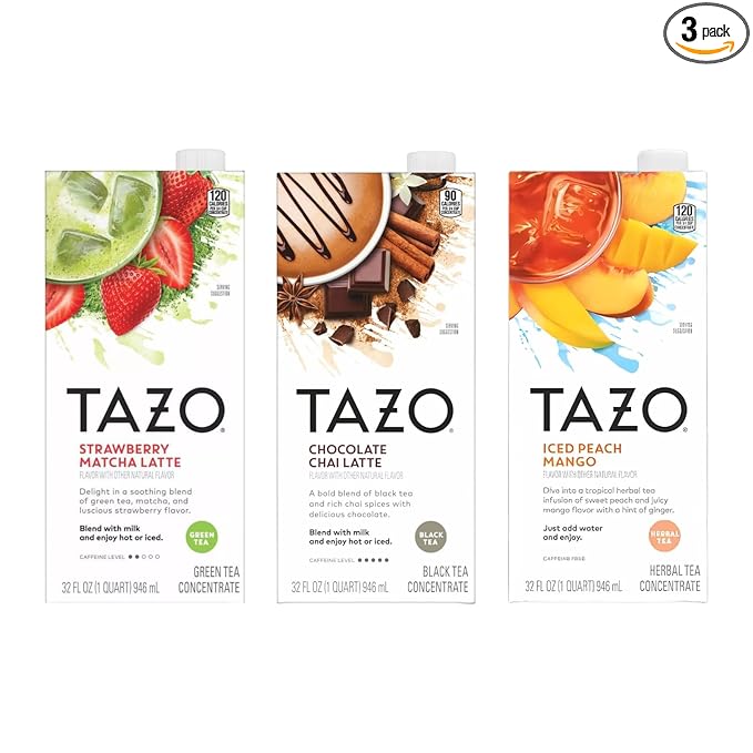 TAZO Tea Concentrate, Chocolate Chai Latte, Strawberry Matcha Latte, Iced Peach Mango 32 Fl Oz