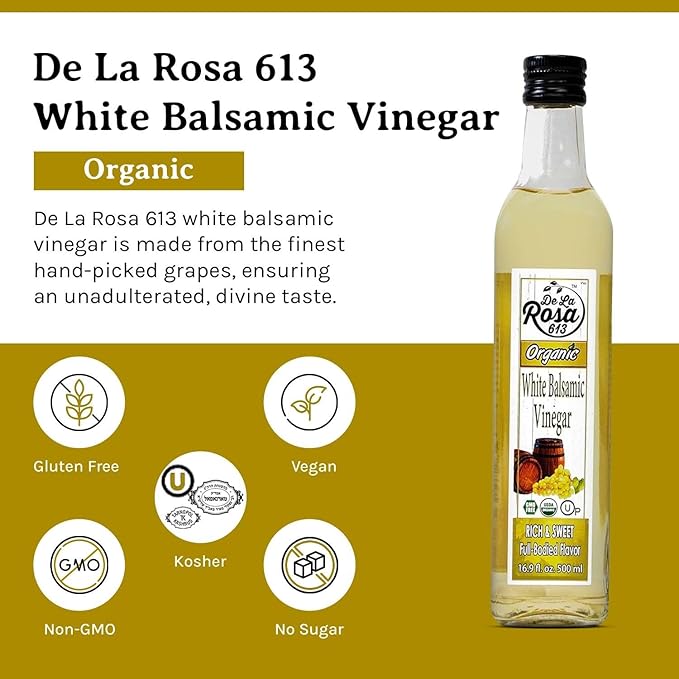 De La Rosa Organic White Balsamic Vinegar, Aged in Spanish Wood Barrels, Kosher for Passover, Vegan