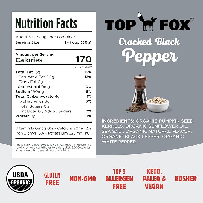 Top Fox Snacks - Organic Pop-Roasted Pumpkin Seeds | Healthy Protein Snacks - Gluten Free - Keto