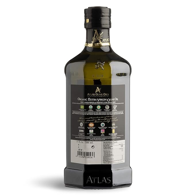 Atlas Organic Cold Pressed Moroccan Extra Virgin Olive Oil in Glass Bottle, Polyphenol Rich | EVOO