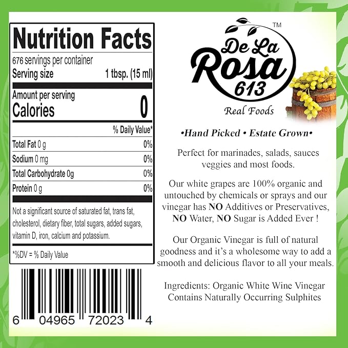 De La Rosa Organic White Wine Vinegar, Raw & Unfiltered, with the “Mother”, Kosher for Passover