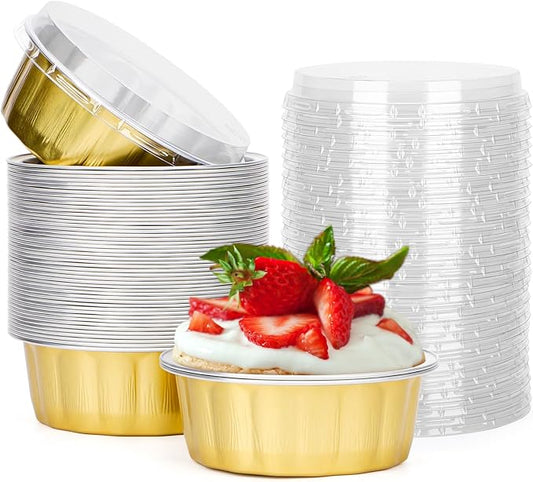 Beasea Disposable Ramekins with Lids, 8 oz 50 Pack Golden Aluminum Foil Cups Disposable Creme
