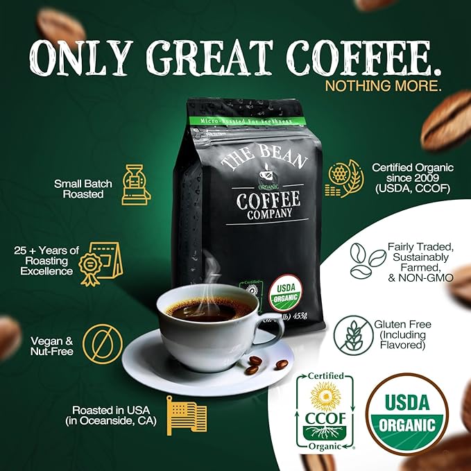 The Bean Organic Coffee Company Vienna Roast, Medium, Ground Coffee, 16-Ounce Bag,Café molido