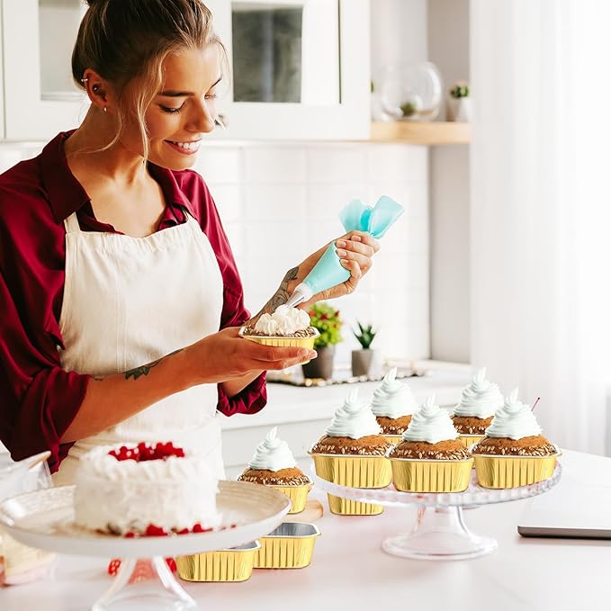 Aoriher 150 Pieces 10 oz Mini Cake Pans with Lids Aluminum Foil Baking Cups Square Disposable 4" x