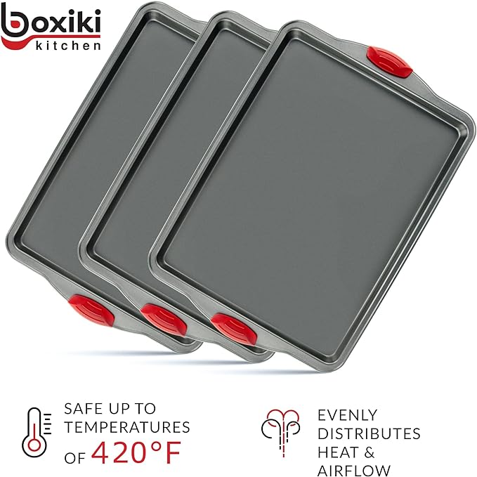 Premium Nonstick Baking Sheet Pans – Set of 3, Heavy-Gauge Carbon Steel, Warp, Dent, and