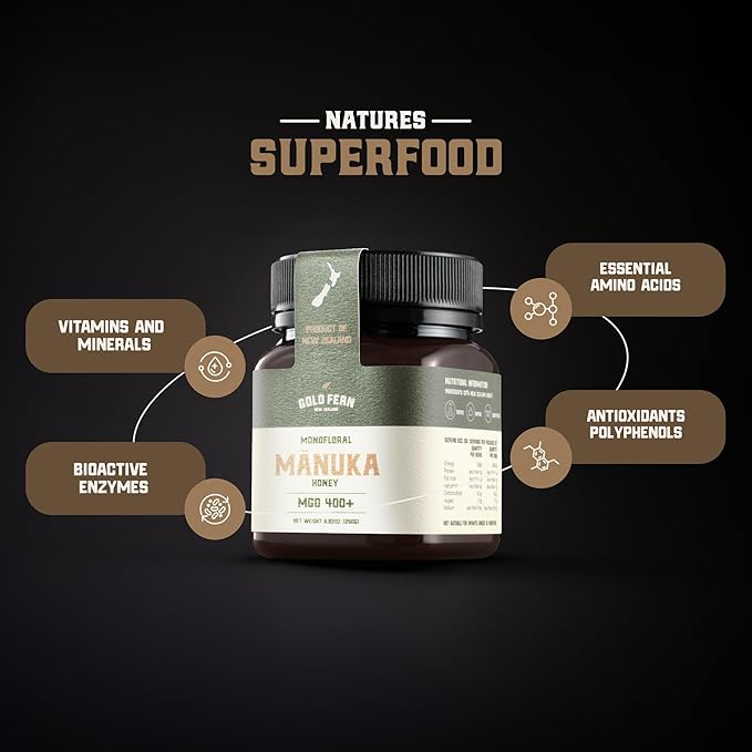 Gold Fern Honey - Raw New Zealand Manuka Honey Medical Grade | 8.8oz Monofloral MGO 400+ | Pure