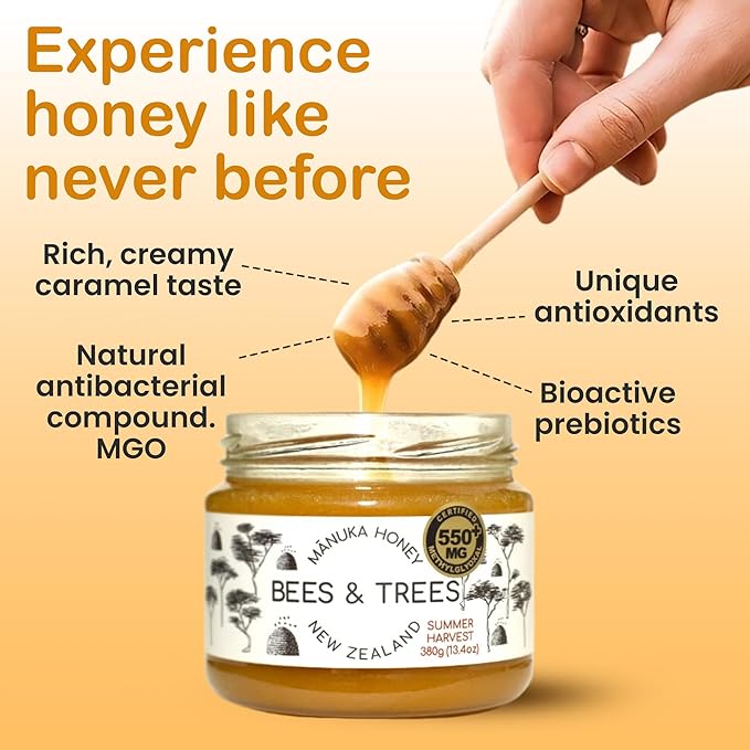 Bees & Trees Manuka Honey 550+ MGO – Pure New Zealand Raw Monofloral Honey – Unpasteurized &