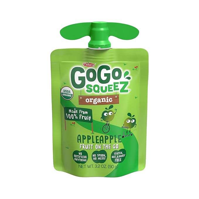 GoGo squeeZ Organic Applesauce and Fruit Puree, Apple Apple, 3.2 oz (Pack of 48), Unsweetened