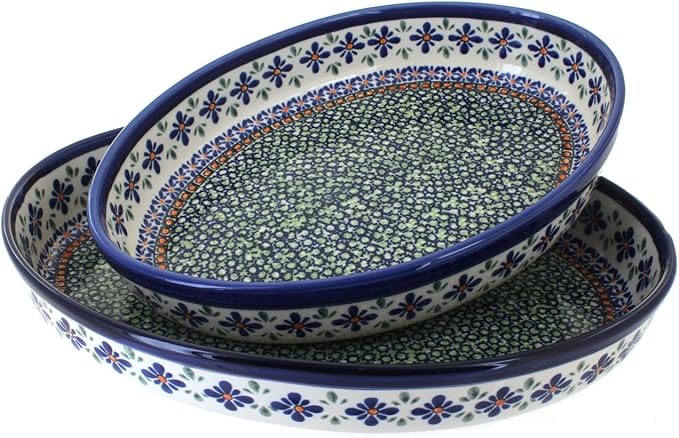 Blue Rose Polish Pottery - Blue Mosaic Flower Oval Baker Set - 2 Bakers - Unique, Dishwasher Safe