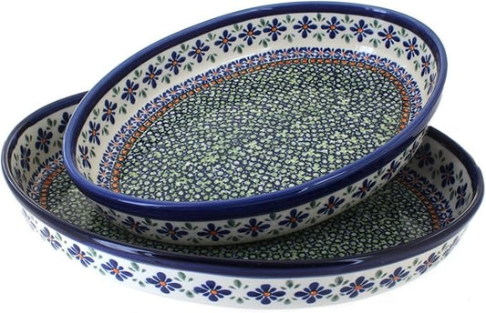 Blue Rose Polish Pottery - Blue Mosaic Flower Oval Baker Set - 2 Bakers - Unique, Dishwasher Safe