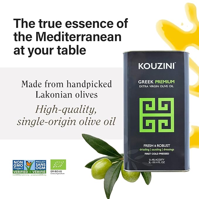 Kouzini Greek Premium Extra Virgin Olive Oil, 3 Liter Tin, Cold Pressed, Single Origin, Rich Flavor