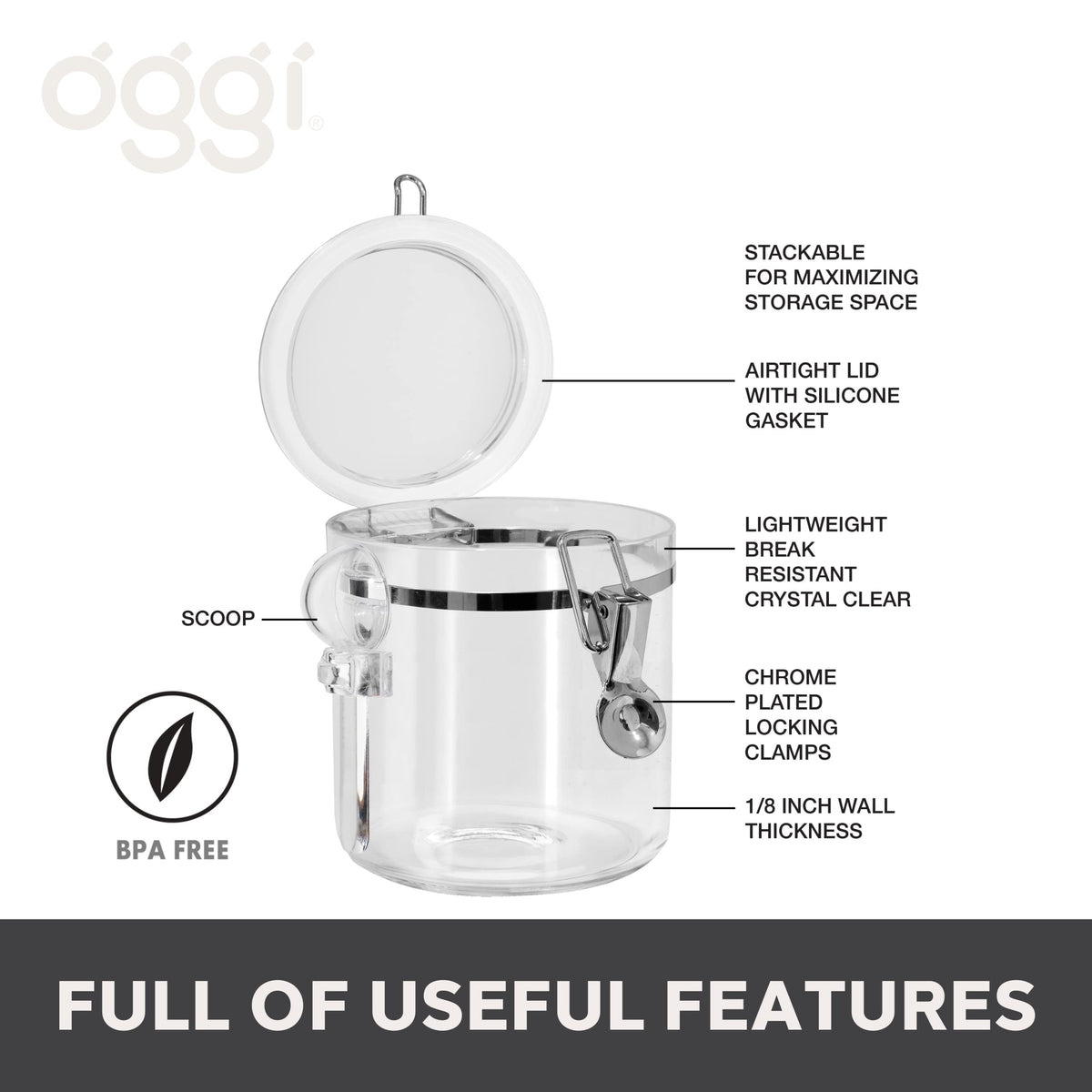 Oggi 4pc Clear Canister Set with Clamp Lids & Spoons - Airtight Food Storage Containers, Ideal for