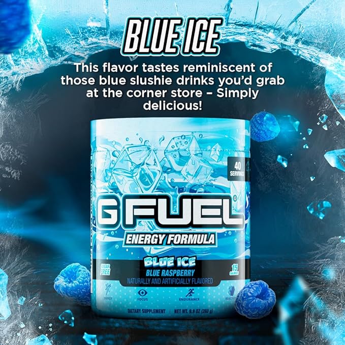 G Fuel Blue Ice Energy Drink Powder, Pre Workout Caffeine Mix for Gaming, Sugar Free Focus Amino