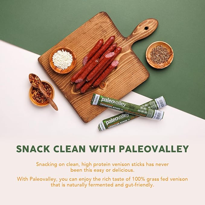 Paleovalley 100% Grass Fed Venison Sticks - 10 Pack -Keto-Friendly, High Protein, Low-Calorie Snack
