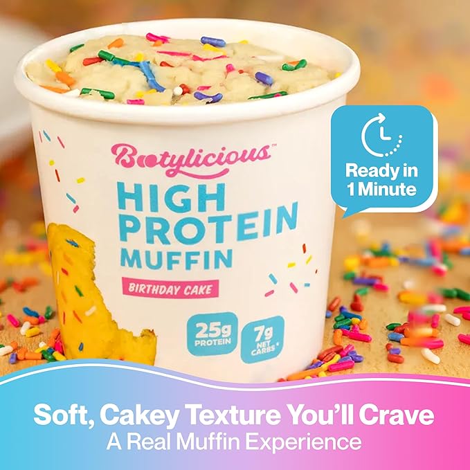 Bootylicious | High-Protein Muffin | 25g Protein, 7g Net Carbs, 2.32-2.75oz Cup, 12-Pack (Birthday