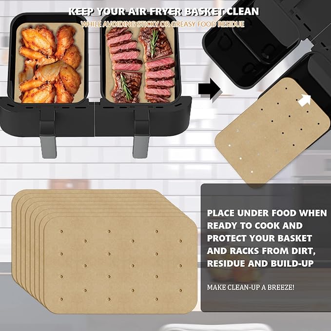 WMKGG Rectangular Air Fryer Parchment Paper, 100 PCS Disposable Perforated Air Fryer Liners with 2