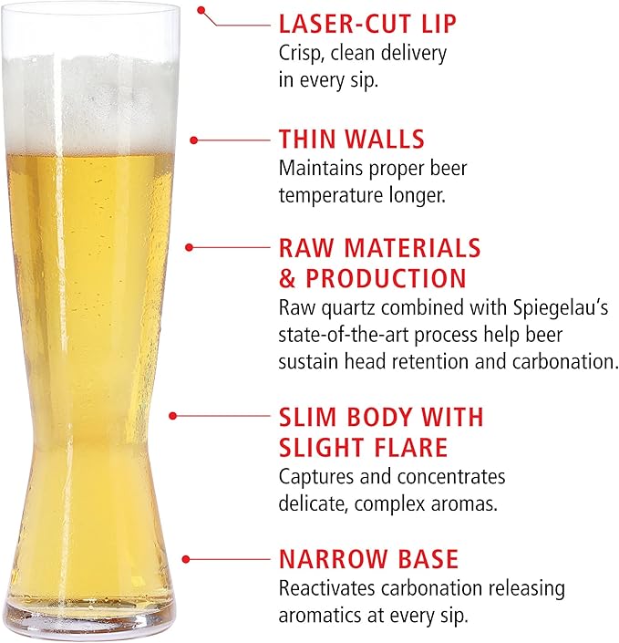 Spiegelau Beer Classics Tall Pilsner Glasses, Set of 4, European-Made Lead-Free Crystal, Modern