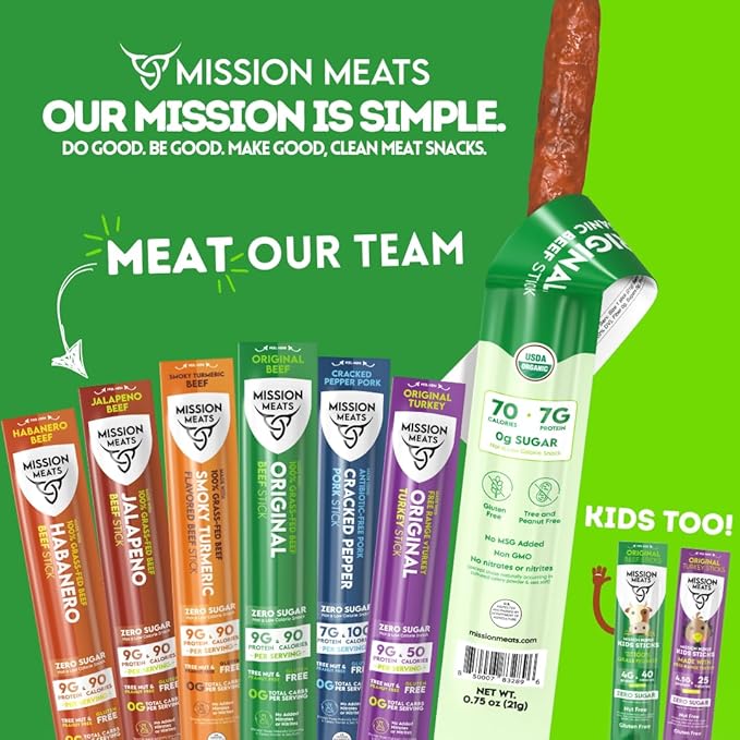 Mission Meats Beef Sticks – 100% Grass Fed & Pasture Raised, Sugar Free, Individually Wrapped