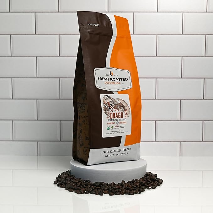 Fresh Roasted Coffee, Organic Drago Café Blend | USDA Organic, Kosher | Medium Roast 2 lb (32 oz)