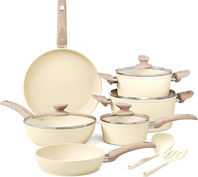 Kitchen Academy Induction Pots and Pans Set Non Stick - 12Pcs Beige Nonstick Kitchen Cookware Set