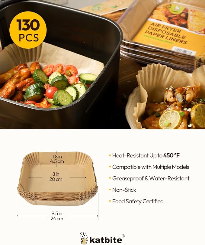 Katbite Air Fryer Liners Disposable - 8 inch Square Non-Stick Airfryer Paper Liners, Unbleached