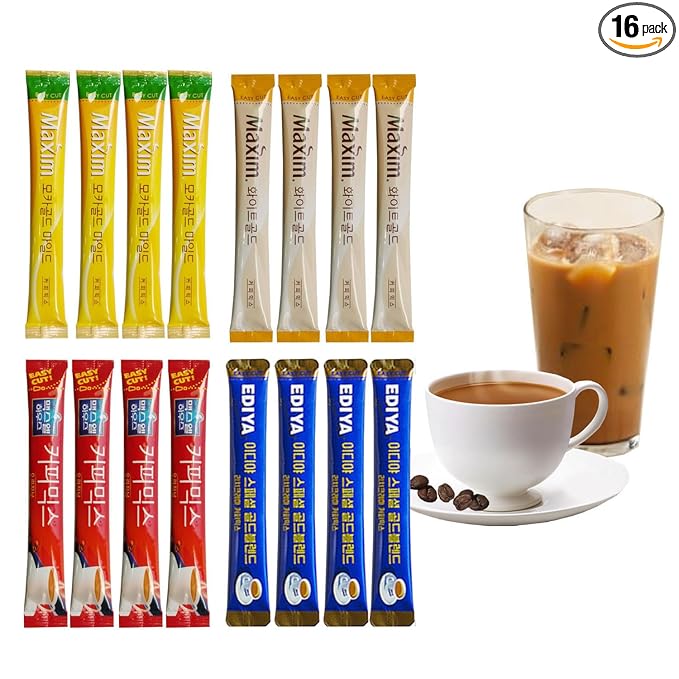 Korean 3 in 1 Instant Coffee Mix Variety Sample Packets-16 Sticks of 4 Different Flavors.Camping or