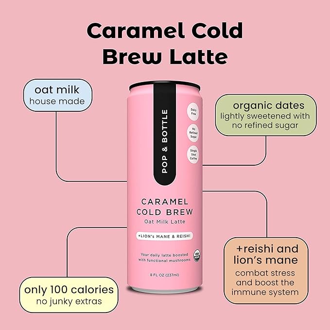 Pop & Bottle, Oat Milk Lattes - Cold Brew with Lions Mane & Reishi, MCT Oil, Single Shot Cold Brew