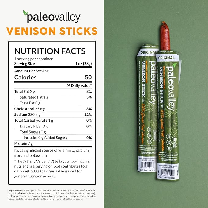 Paleovalley 100% Grass Fed Venison Sticks - 10 Pack -Keto-Friendly, High Protein, Low-Calorie Snack