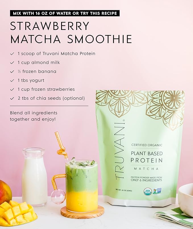 Truvani Vegan Pea Protein Powder | Matcha | 20g Organic Plant Based Protein | 10 Servings | Keto |