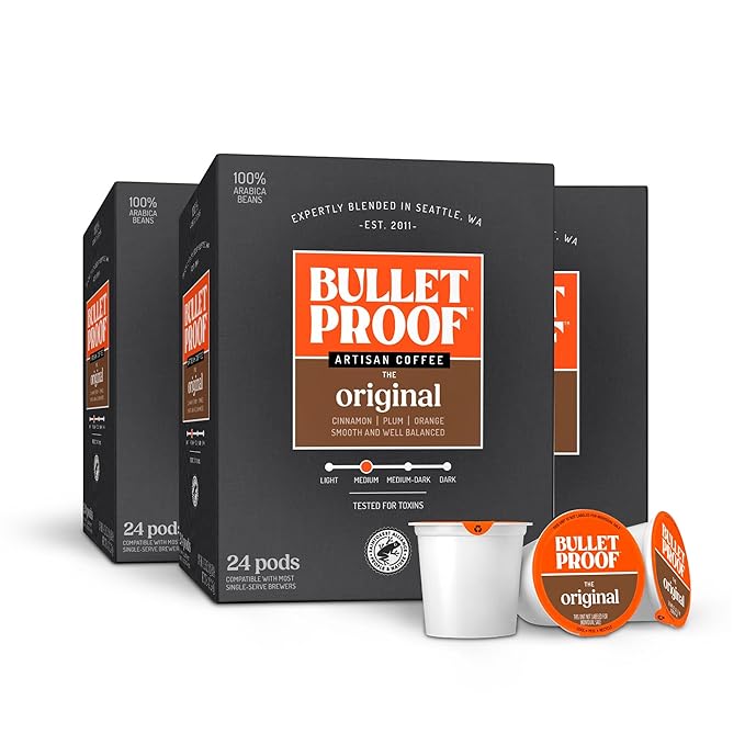 Bulletproof Original Medium Roast Single-Serve Pods, 72 Count, 100% Arabica Beans, Clean Coffee