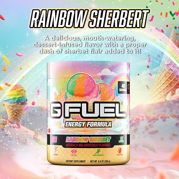 G Fuel Rainbow Sherbet Energy Drink Powder, Pre Workout Caffeine Mix for Gaming, Sugar Free Focus