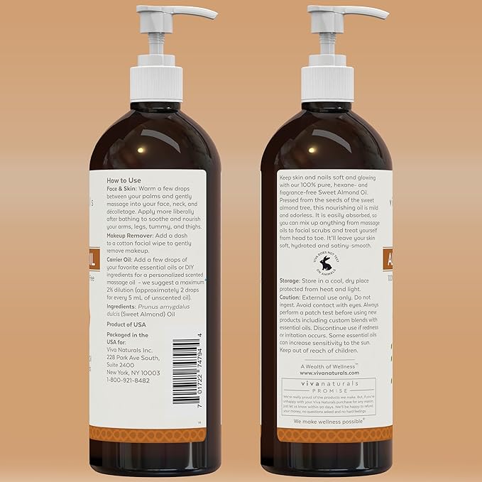 Viva Naturals Sweet Almond Oil for Skin - Body Oil, Hair Moisturizer and Relaxing Massage and Oil