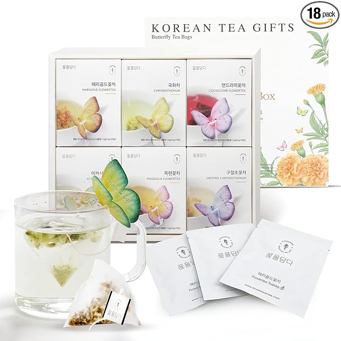 KKOKDAM Korean Tea Gift Set – 6 Flavor Butterfly Tea Bag Sampler – Elegant Box for Tea Lovers